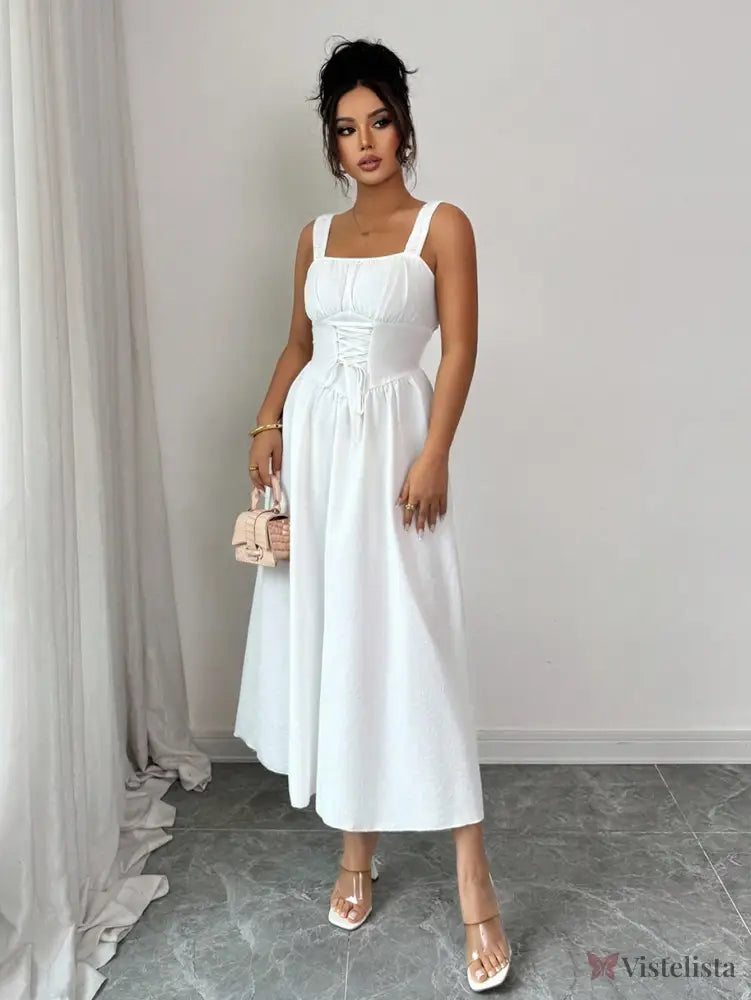 Vestido Midi Evasê Com Amarração Corset Frontal Vestido Midi Evasê Com Amarração Corset Frontal