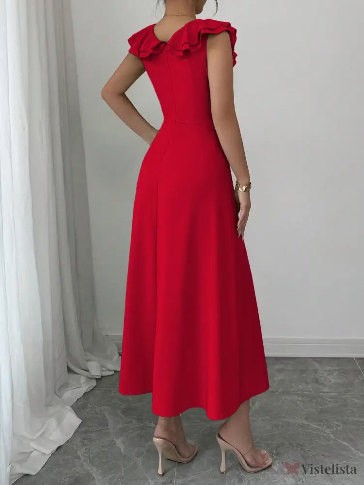 Vestido Midi Evasê Com Babado No Decote Vestido Midi Evasê Com Babado No Decote