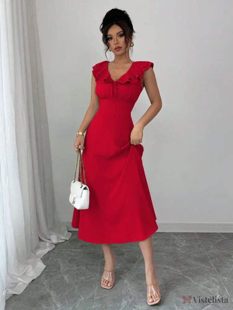 Vestido Midi Evasê Com Babado No Decote Vestido Midi Evasê Com Babado No Decote