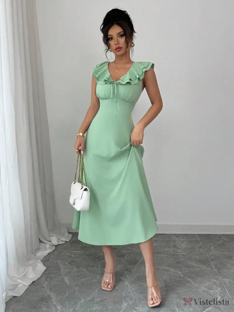 Vestido Midi Evasê Com Babado No Decote Vestido Midi Evasê Com Babado No Decote