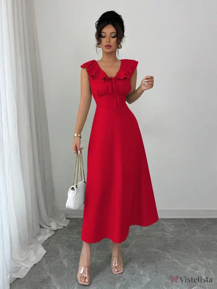 Vestido Midi Evasê Com Babado No Decote Vestido Midi Evasê Com Babado No Decote