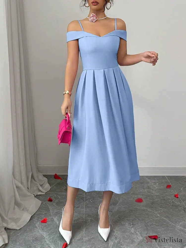 Vestido Midi Evasê Com Ombro a Ombro Elegante Vestido Midi Evasê Com Ombro a Ombro Elegante
