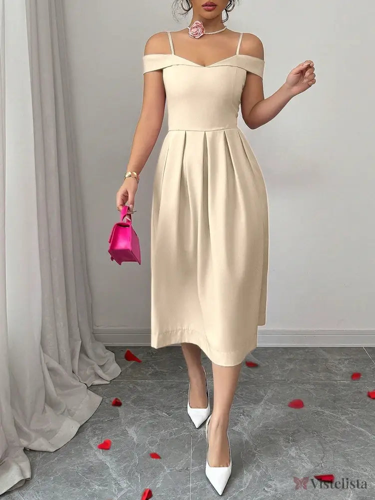 Vestido Midi Evasê Com Ombro a Ombro Elegante Vestido Midi Evasê Com Ombro a Ombro Elegante