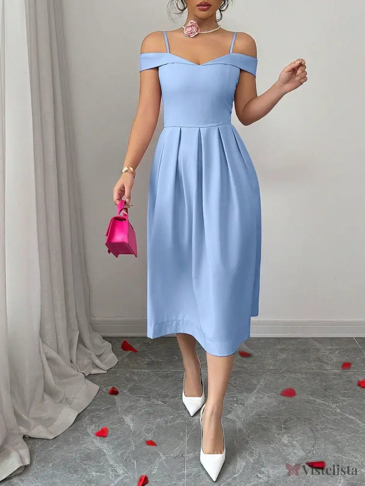 Vestido Midi Evasê Com Ombro a Ombro Elegante Vestido Midi Evasê Com Ombro a Ombro Elegante