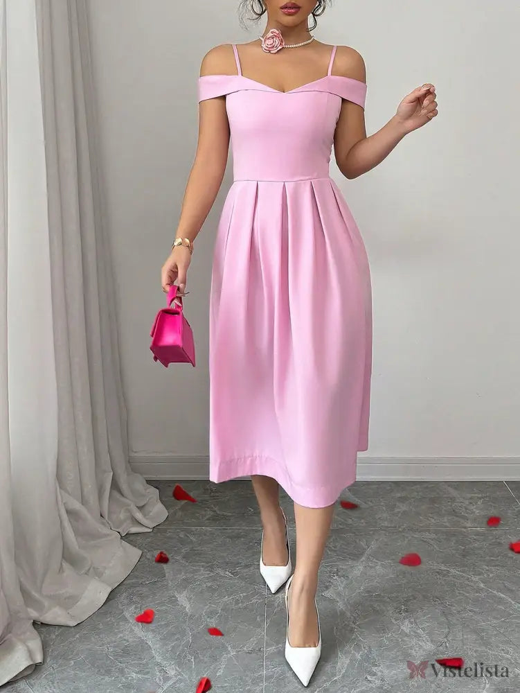 Vestido Midi Evasê Com Ombro a Ombro Elegante Vestido Midi Evasê Com Ombro a Ombro Elegante