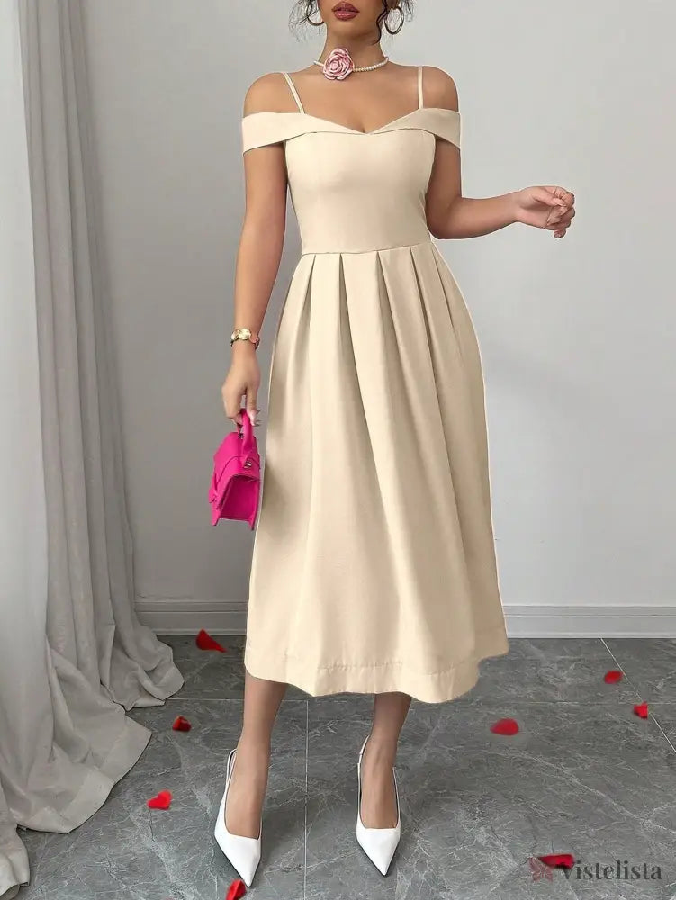 Vestido Midi Evasê Com Ombro a Ombro Elegante Vestido Midi Evasê Com Ombro a Ombro Elegante