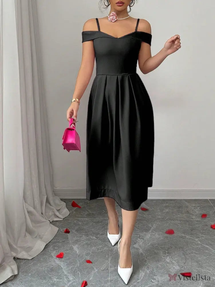Vestido Midi Evasê Com Ombro a Ombro Elegante Vestido Midi Evasê Com Ombro a Ombro Elegante