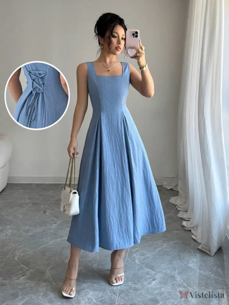Vestido Midi Evasê Com Pregas E Detalhe Trançado Azul / PP Vestido Midi Evasê Com Pregas E Detalhe Trançado