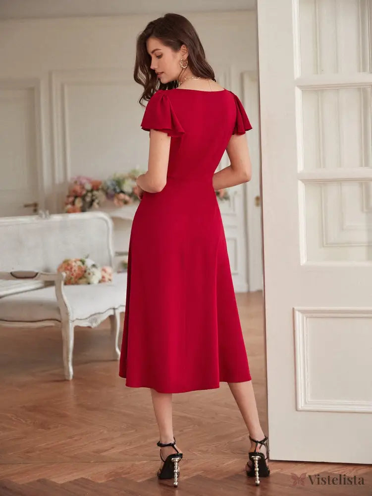 Vestido Midi Evasê Decote Quadrado Botões Frontais Vestido Midi Evasê Decote Quadrado Botões Frontais