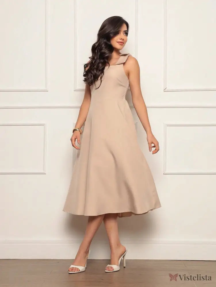 Vestido Midi Evasê Elegante Com Laço No Ombro Vestido Midi Evasê Elegante Com Laço No Ombro