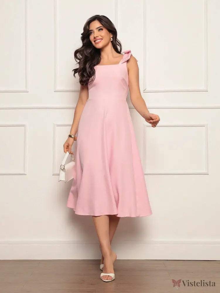Vestido Midi Evasê Elegante Com Laço No Ombro Vestido Midi Evasê Elegante Com Laço No Ombro