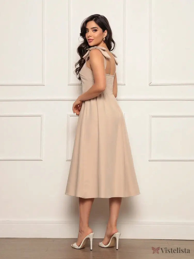Vestido Midi Evasê Elegante Com Laço No Ombro Vestido Midi Evasê Elegante Com Laço No Ombro