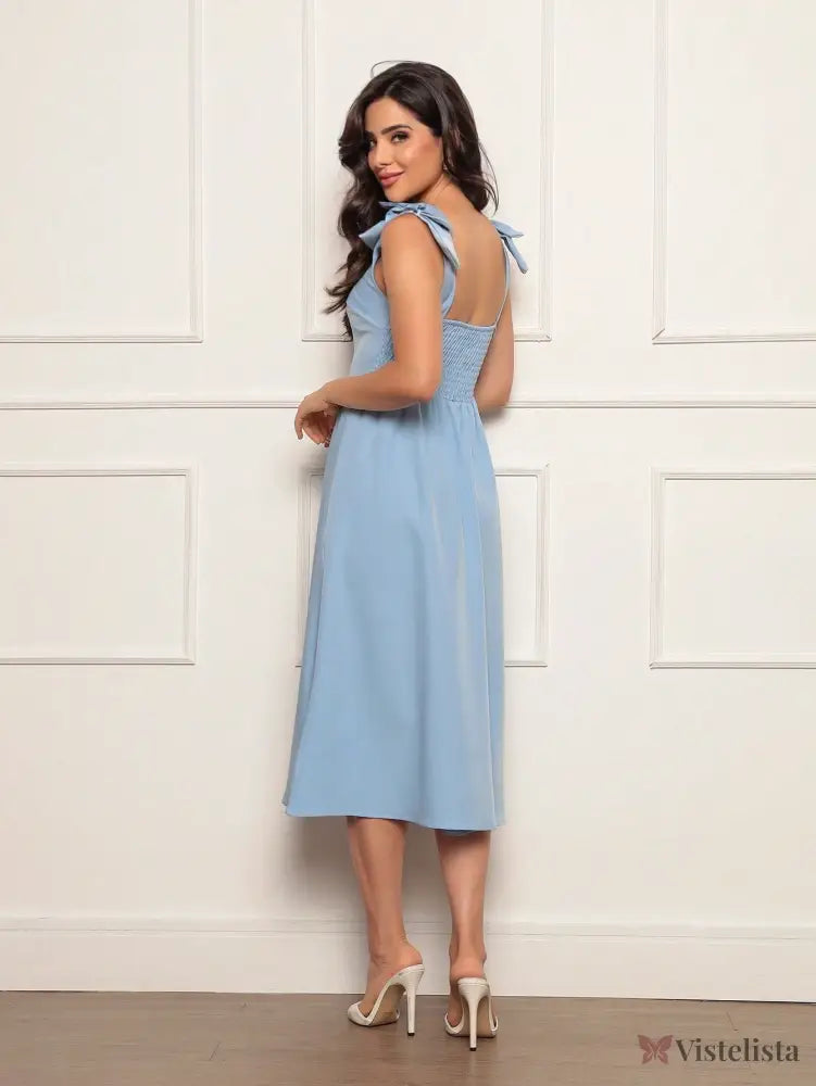 Vestido Midi Evasê Elegante Com Laço No Ombro Vestido Midi Evasê Elegante Com Laço No Ombro