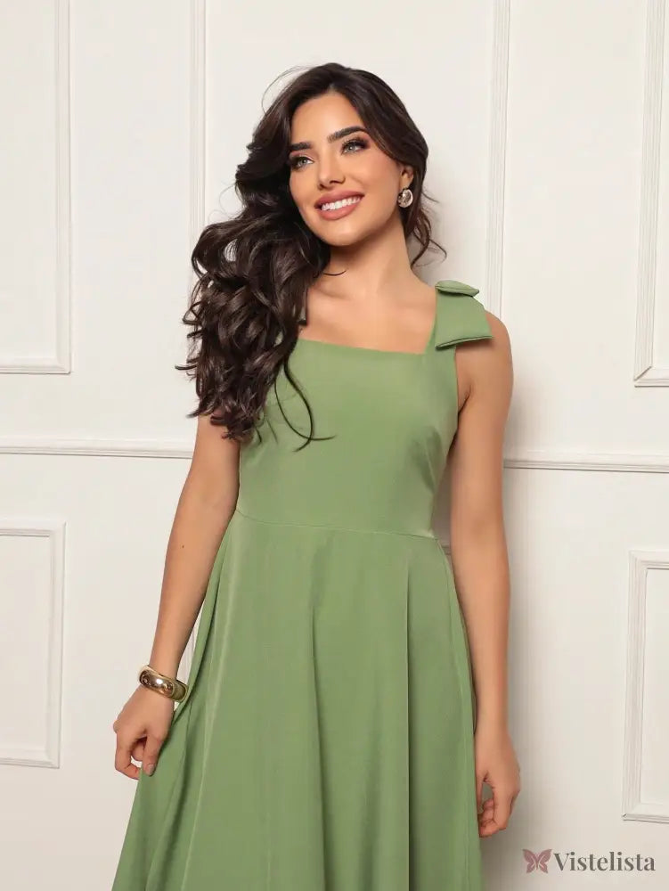 Vestido Midi Evasê Elegante Com Laço No Ombro Vestido Midi Evasê Elegante Com Laço No Ombro