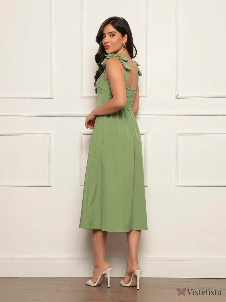Vestido Midi Evasê Elegante Com Laço No Ombro Vestido Midi Evasê Elegante Com Laço No Ombro