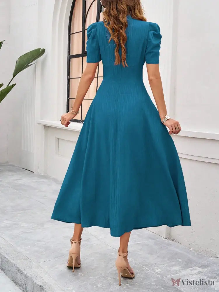 Vestido Midi Evasê Elegante Com Manga Bufante Vestido Midi Evasê Elegante Com Manga Bufante