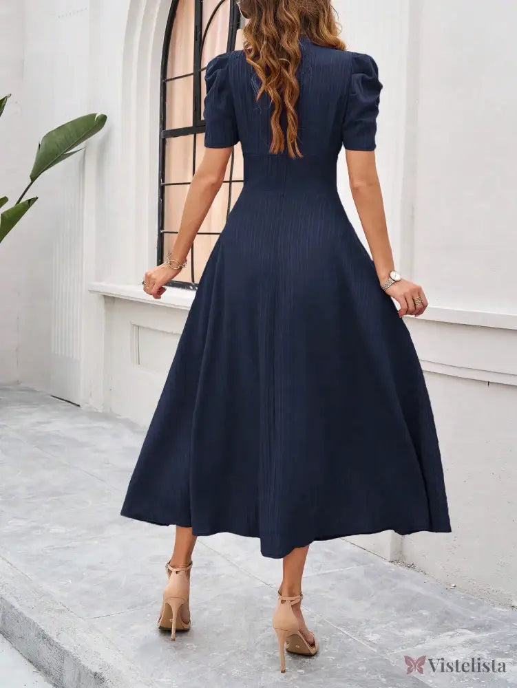 Vestido Midi Evasê Elegante Com Manga Bufante Vestido Midi Evasê Elegante Com Manga Bufante