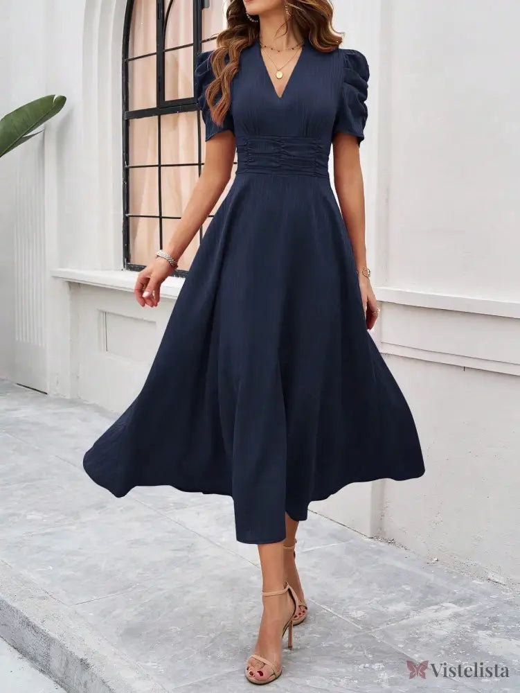 Vestido Midi Evasê Elegante Com Manga Bufante Vestido Midi Evasê Elegante Com Manga Bufante