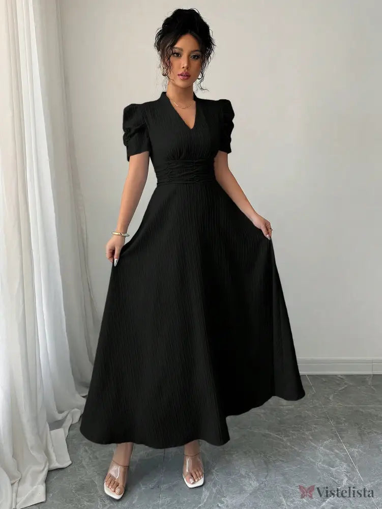 Vestido Midi Evasê Elegante Com Manga Bufante Vestido Midi Evasê Elegante Com Manga Bufante