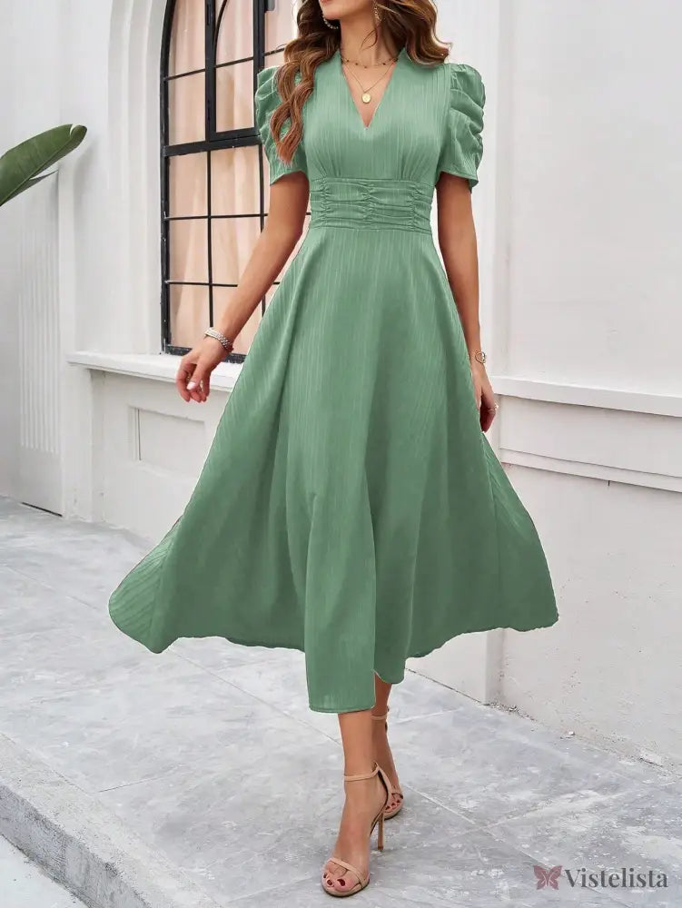 Vestido Midi Evasê Elegante Com Manga Bufante Vestido Midi Evasê Elegante Com Manga Bufante