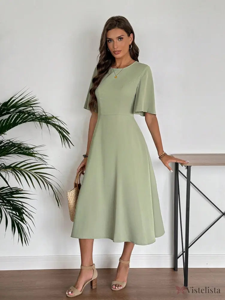 Vestido Midi Evasê Elegante Com Manga Flare Vestido Midi Evasê Elegante Com Manga Flare