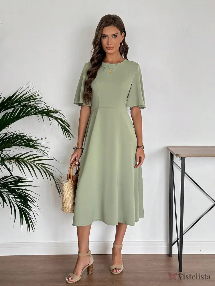 Vestido Midi Evasê Elegante Com Manga Flare Vestido Midi Evasê Elegante Com Manga Flare