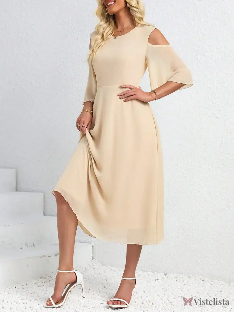 Vestido Midi Evasê Elegante Com Manga Vazado Ombro Vestido Midi Evasê Elegante Com Manga Vazado Ombro