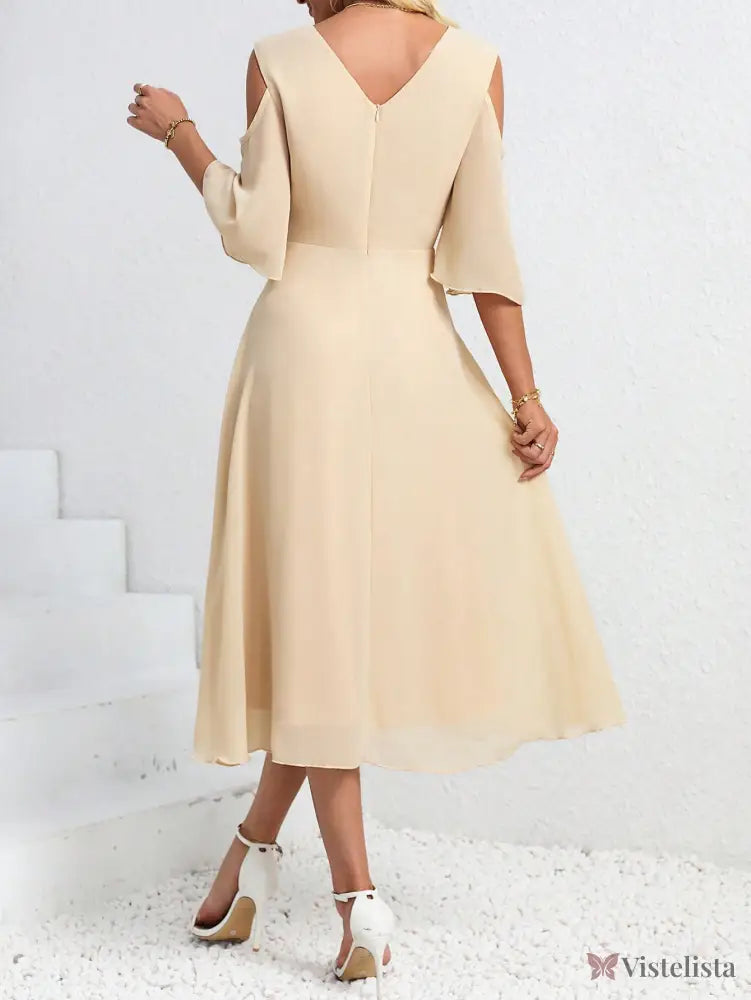Vestido Midi Evasê Elegante Com Manga Vazado Ombro Vestido Midi Evasê Elegante Com Manga Vazado Ombro