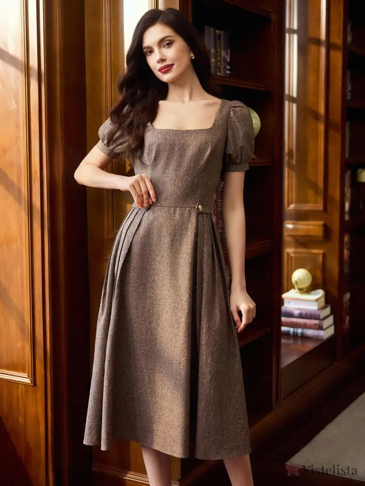 Vestido Midi Evasê Elegante Decote Reto Com Manga Bufante Vestido Midi Evasê Elegante Decote Reto Com Manga Bufante