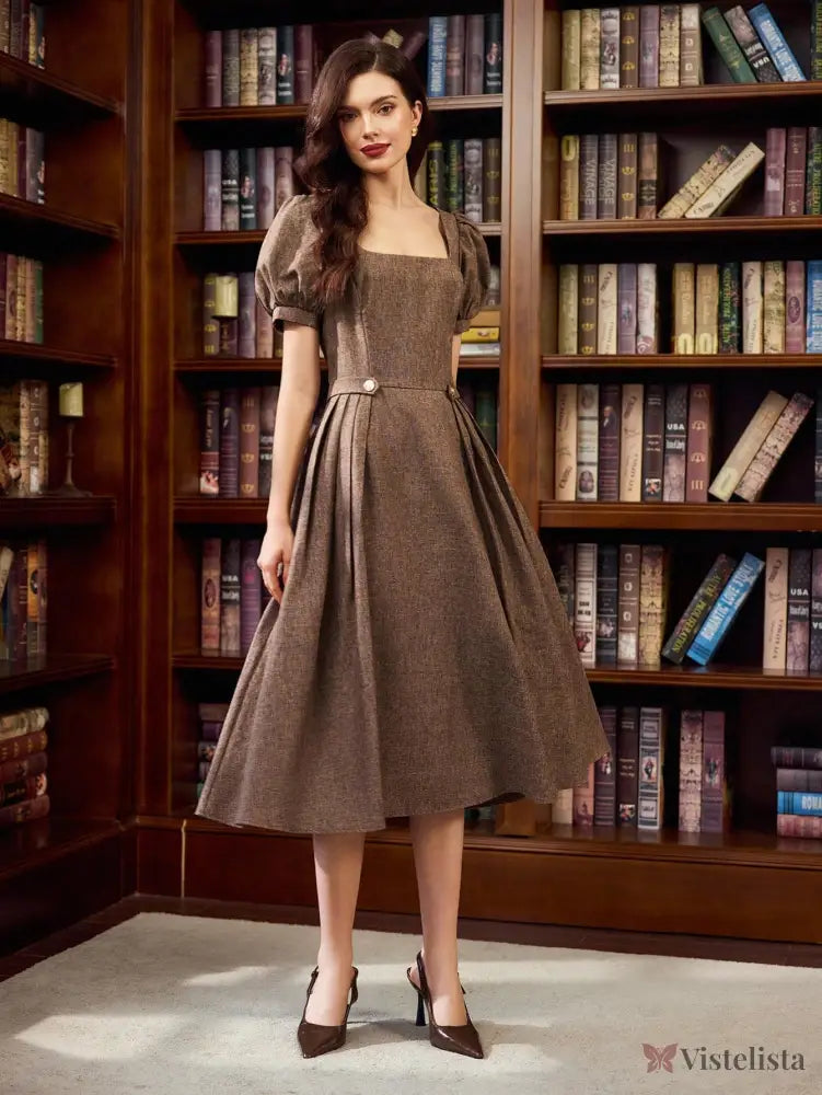 Vestido Midi Evasê Elegante Decote Reto Com Manga Bufante Vestido Midi Evasê Elegante Decote Reto Com Manga Bufante