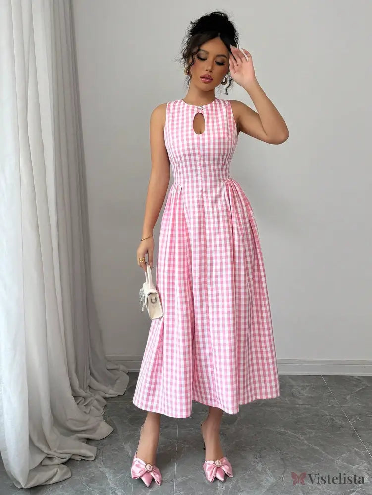 Vestido Midi Evasê Estampado Xadrez Vichy Vestido Midi Evasê Estampado Xadrez Vichy
