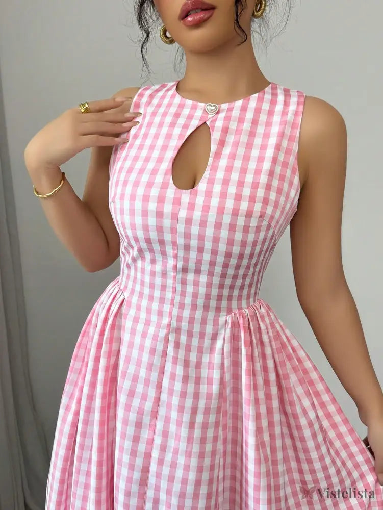 Vestido Midi Evasê Estampado Xadrez Vichy Vestido Midi Evasê Estampado Xadrez Vichy