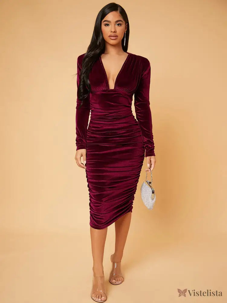 Vestido Midi Festa Elegante Em Veludo Com Drapeado Vestido Midi Festa Elegante Em Veludo Com Drapeado