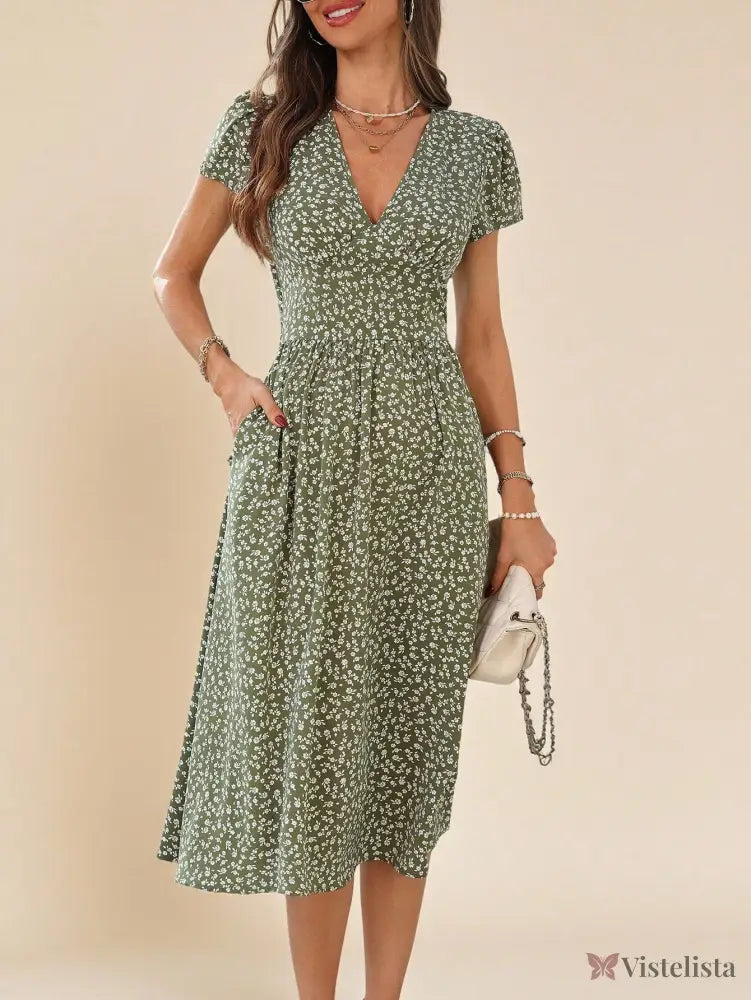 Vestido Midi Floral Com Decote V E Bolsos Laterais Vestido Midi Floral Com Decote V E Bolsos Laterais