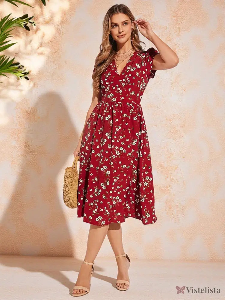 Vestido Midi Floral Com Decote V E Bolsos Laterais Vestido Midi Floral Com Decote V E Bolsos Laterais