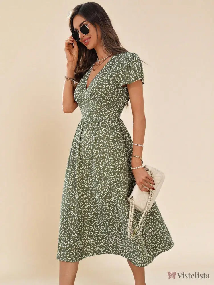 Vestido Midi Floral Com Decote V E Bolsos Laterais Vestido Midi Floral Com Decote V E Bolsos Laterais