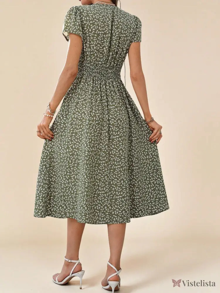 Vestido Midi Floral Com Decote V E Bolsos Laterais Vestido Midi Floral Com Decote V E Bolsos Laterais