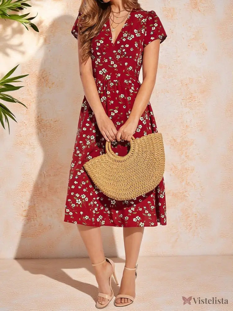 Vestido Midi Floral Com Decote V E Bolsos Laterais Vestido Midi Floral Com Decote V E Bolsos Laterais