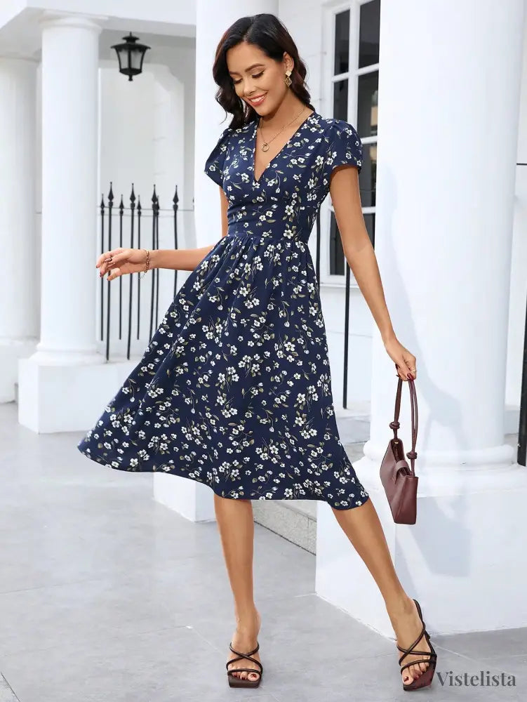 Vestido Midi Floral Com Decote V E Bolsos Laterais Vestido Midi Floral Com Decote V E Bolsos Laterais