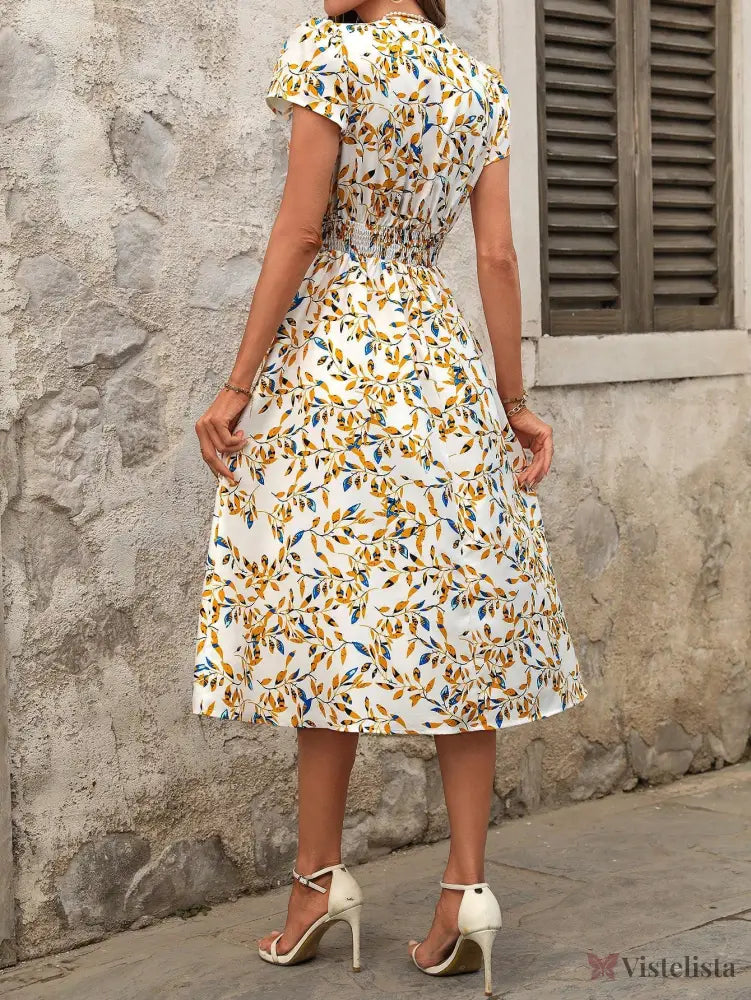 Vestido Midi Floral Com Decote V E Bolsos Laterais Vestido Midi Floral Com Decote V E Bolsos Laterais