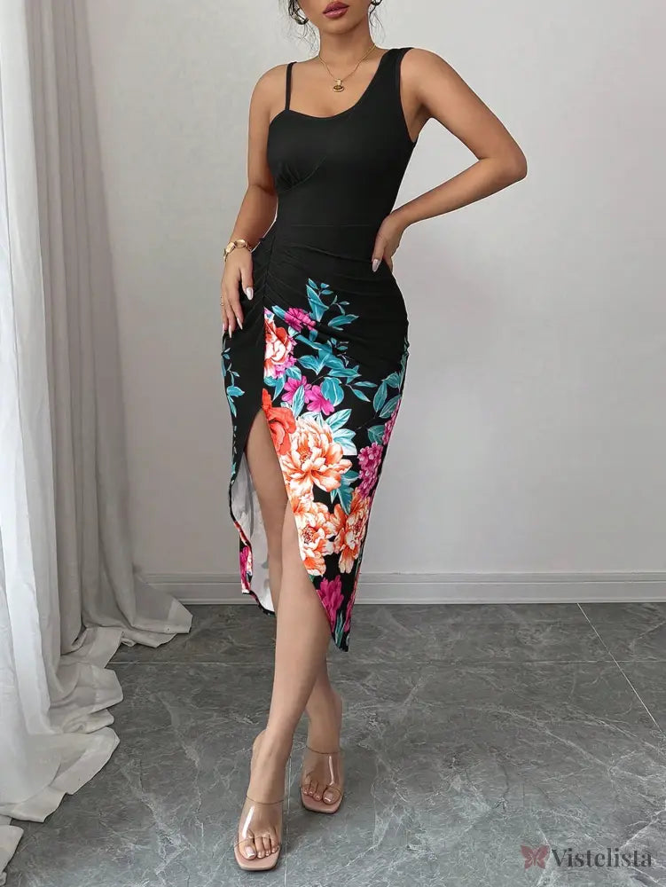 Vestido Midi Justo Com Estampa Floral E Fenda Lateral Vestido Midi Justo Com Estampa Floral E Fenda Lateral