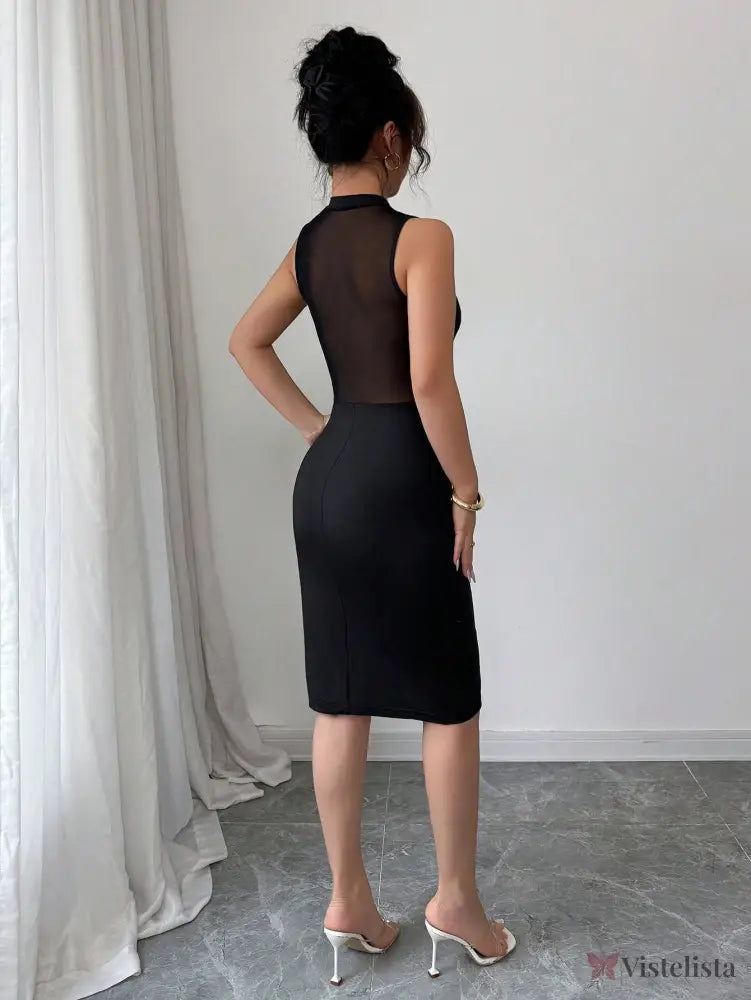 Vestido Midi Justo Com Tule Transparente E Fenda Lateral Vestido Midi Justo Com Tule Transparente E Fenda Lateral