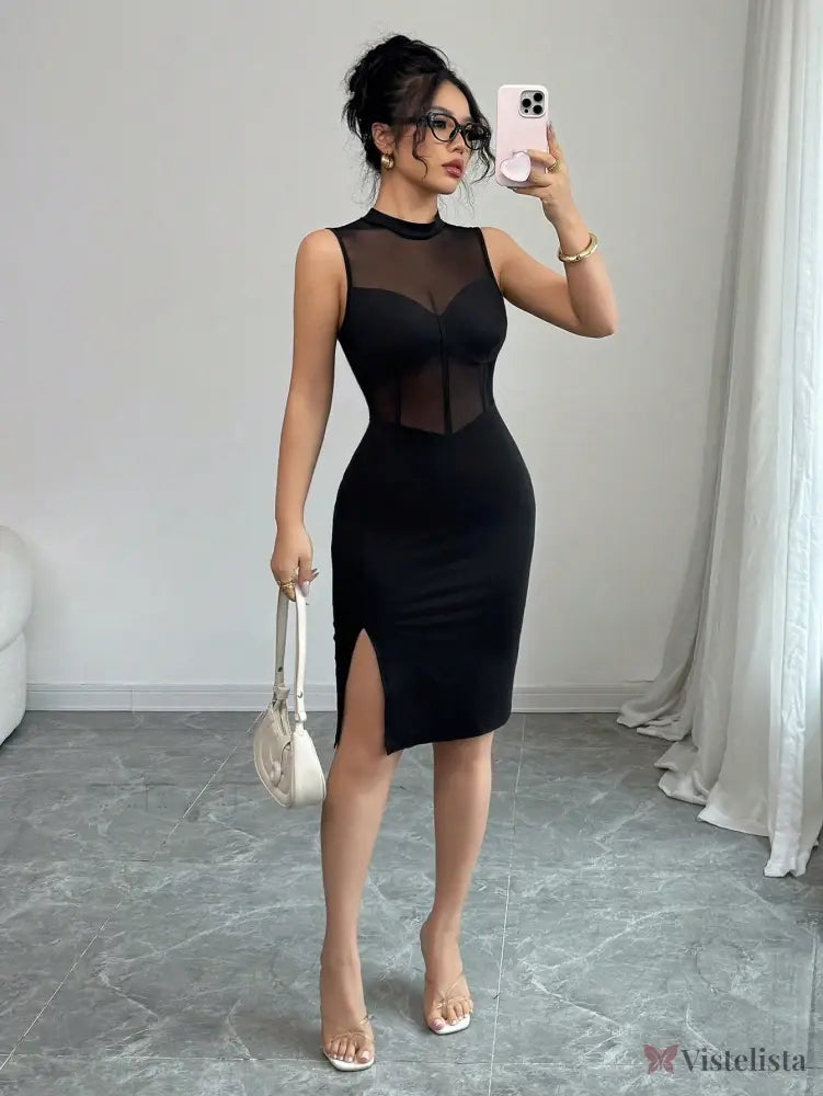 Vestido Midi Justo Com Tule Transparente E Fenda Lateral Vestido Midi Justo Com Tule Transparente E Fenda Lateral