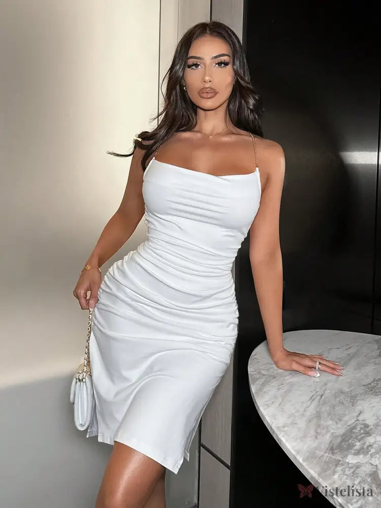 Vestido Midi Justo Elegante Alças Corrente Com Drapeado Vestido Midi Justo Elegante Alças Corrente Com Drapeado