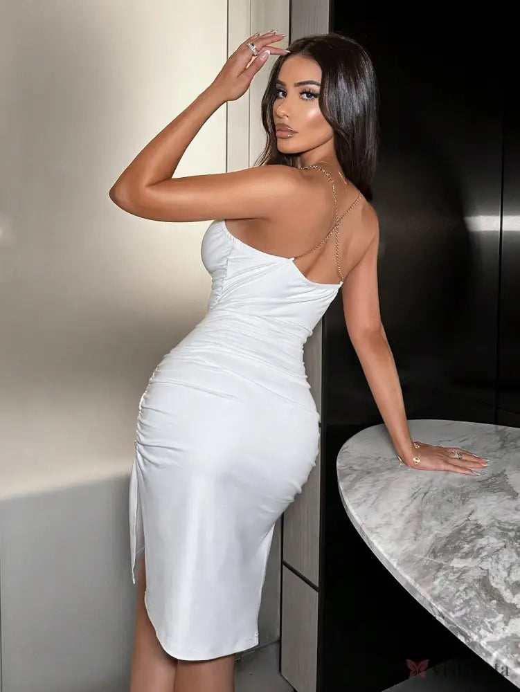 Vestido Midi Justo Elegante Alças Corrente Com Drapeado Vestido Midi Justo Elegante Alças Corrente Com Drapeado