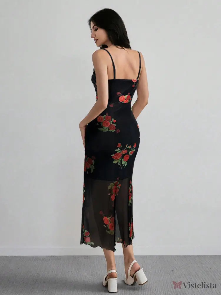 Vestido Midi Justo Floral Com Alças Finas Elegante Vestido Longo Ombro A Ombro Com Estampa Floral Romântica