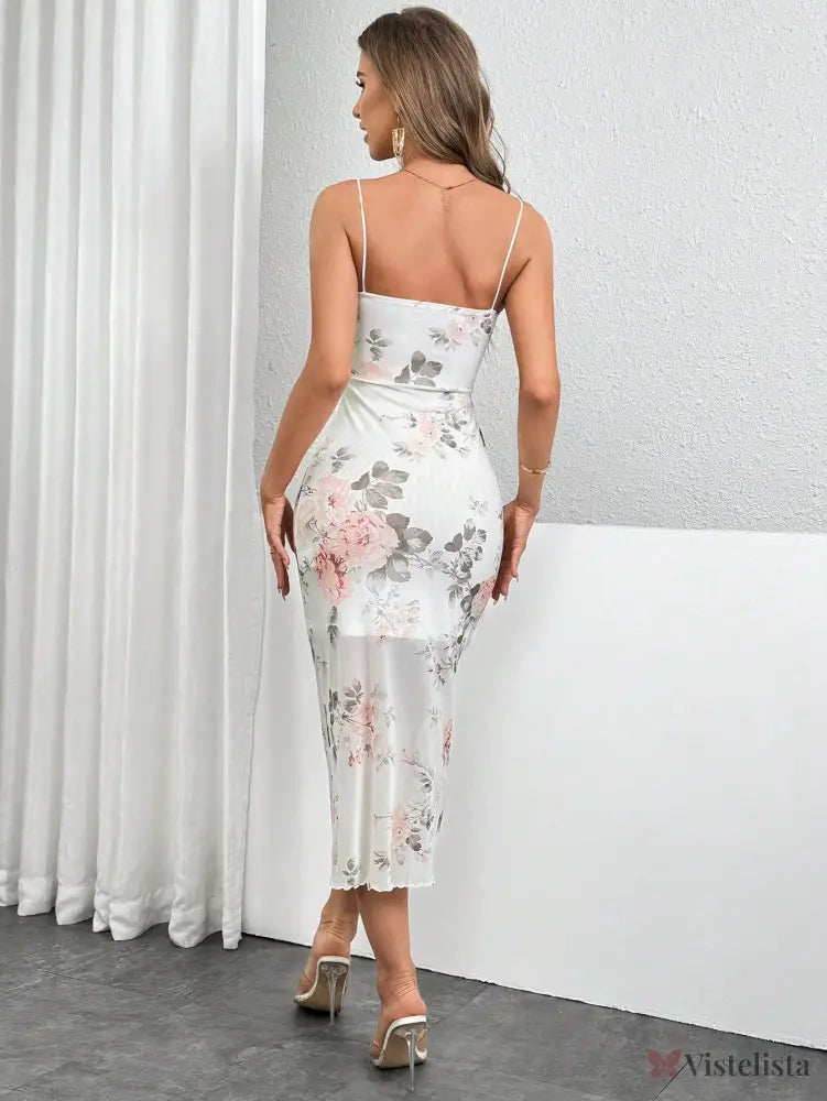 Vestido Midi Justo Floral Com Alças Finas Elegante Vestido Longo Ombro A Ombro Com Estampa Floral Romântica