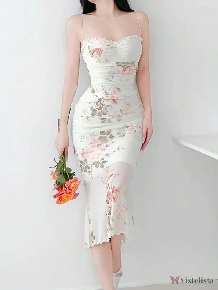 Vestido Midi Justo Floral Com Alças Finas Elegante Vestido Longo Ombro A Ombro Com Estampa Floral Romântica