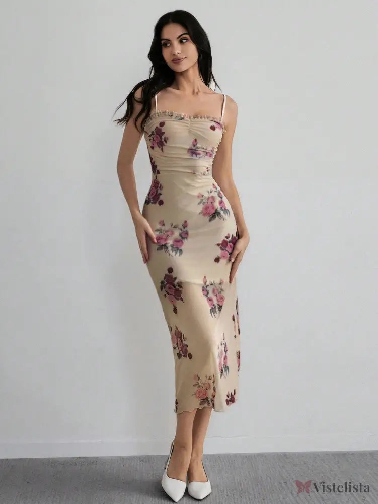 Vestido Midi Justo Floral Com Alças Finas Elegante Vestido Longo Ombro A Ombro Com Estampa Floral Romântica