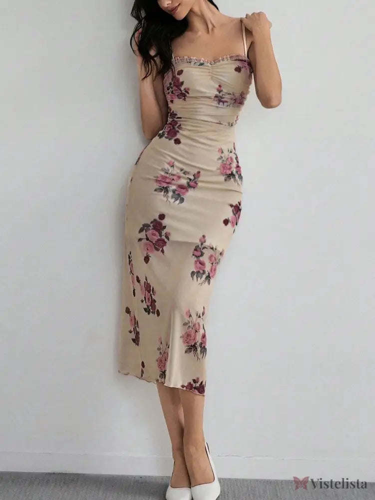 Vestido Midi Justo Floral Com Alças Finas Elegante Vestido Longo Ombro A Ombro Com Estampa Floral Romântica